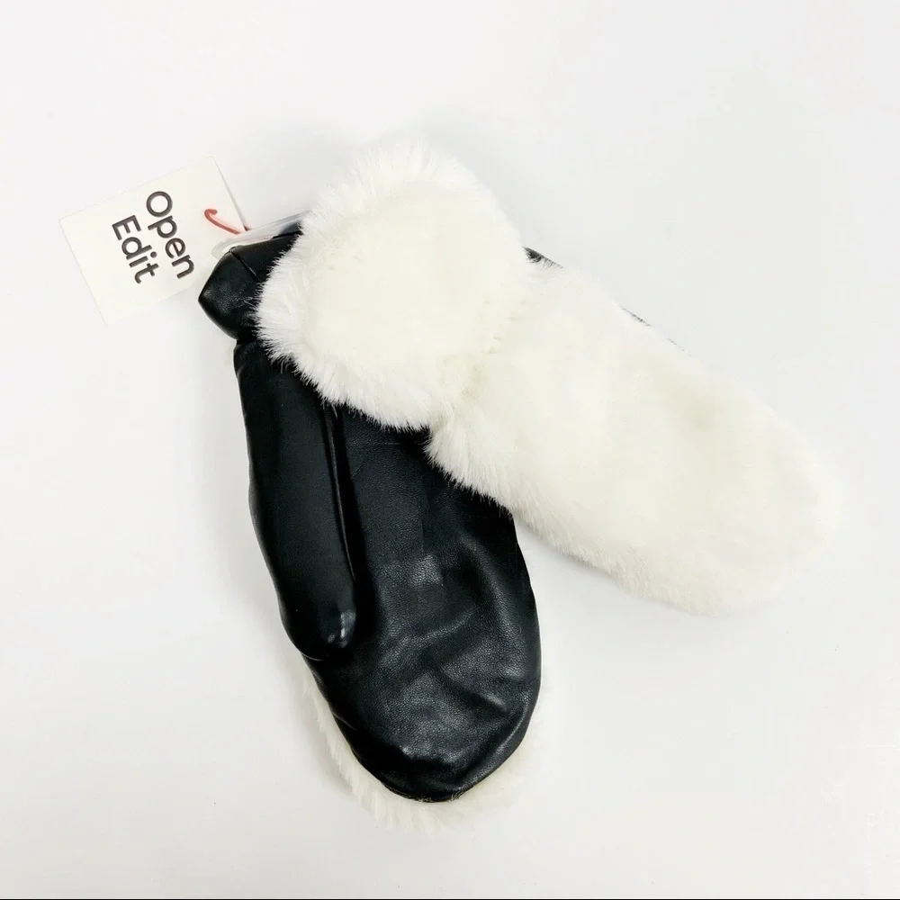 Open Edit Faux Fur & Leather Mittens Ivory